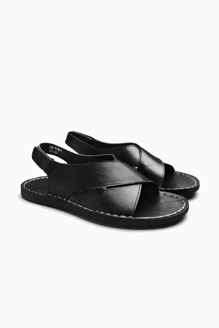 Men's Sandals in black Leather - Cross-Strap Slip-On for Summer