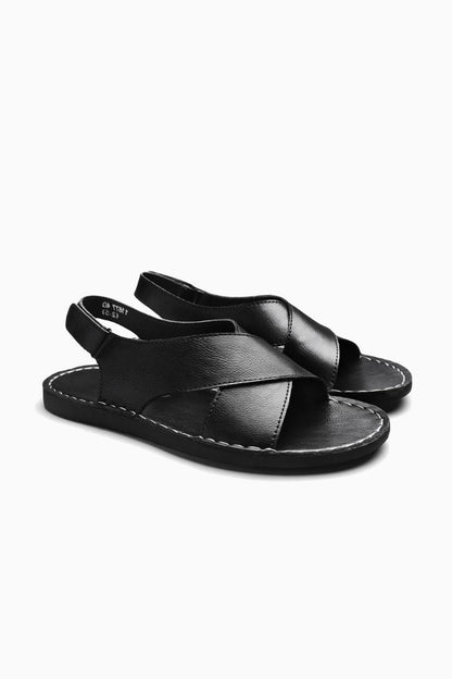 Mens Cross Strap Black Leather Sandals