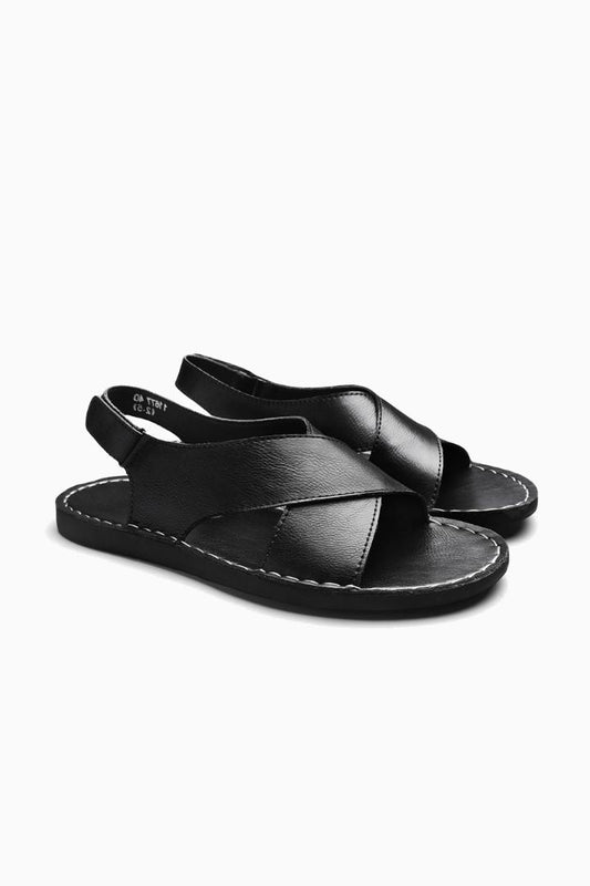 Men's Sandals in black Leather - Cross-Strap Slip-On for Summer