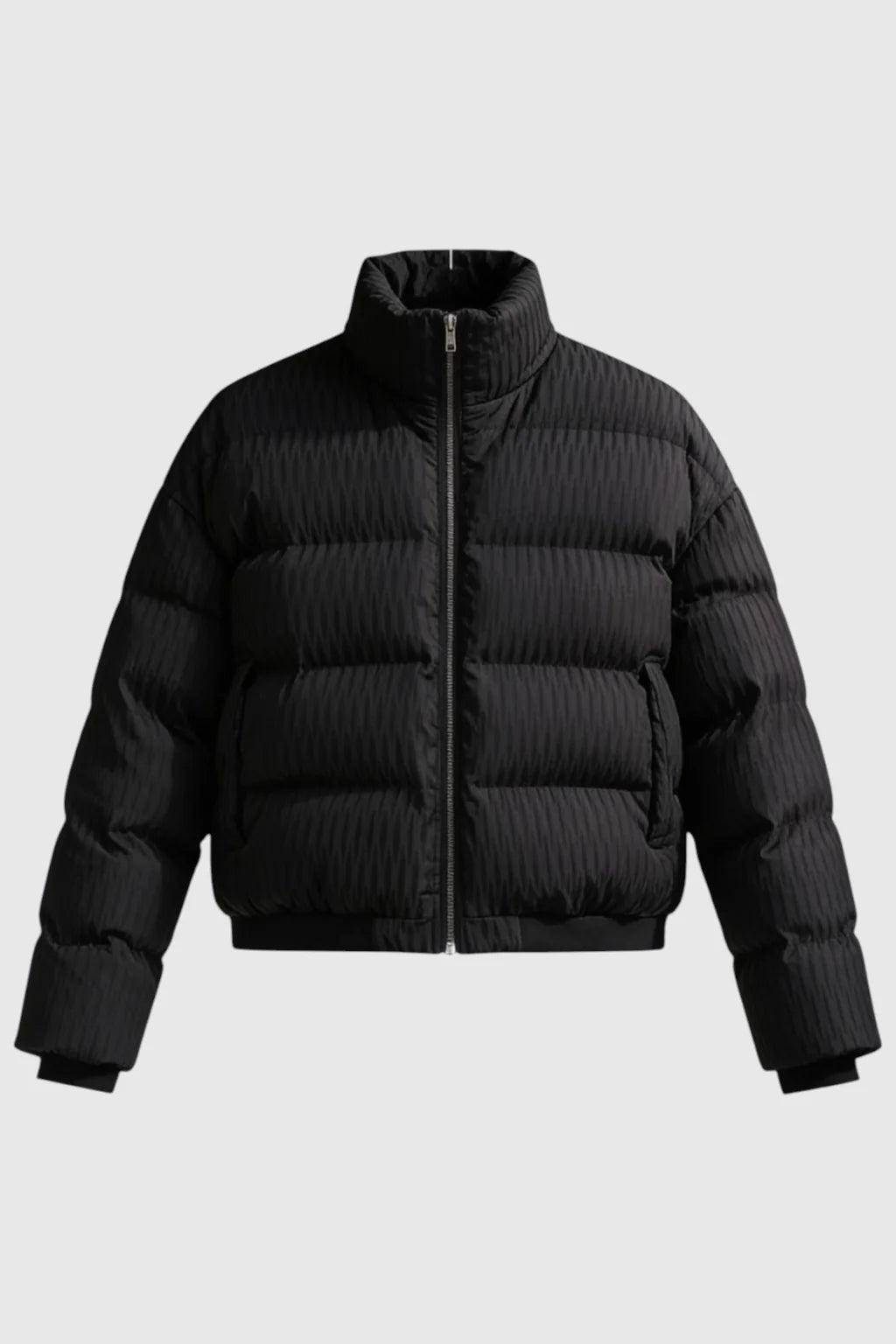 Men's Quilted Puffer Jacket - Black - Stand Collar Zipper Short