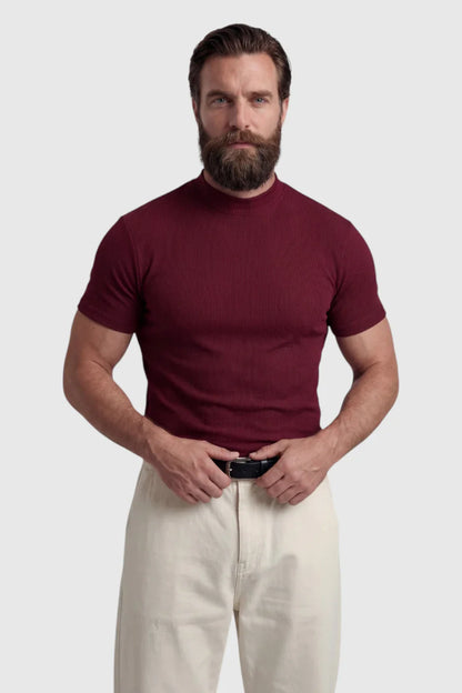 Mens Mock Neck Bordeaux Knit Tee