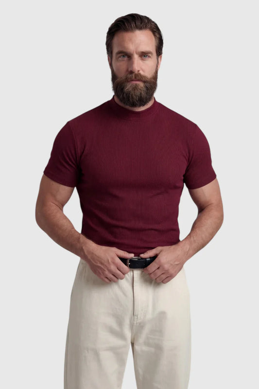 Ribbed T-Shirt for Men - Bordeaux - Knit - Mock Neck Slim Fit