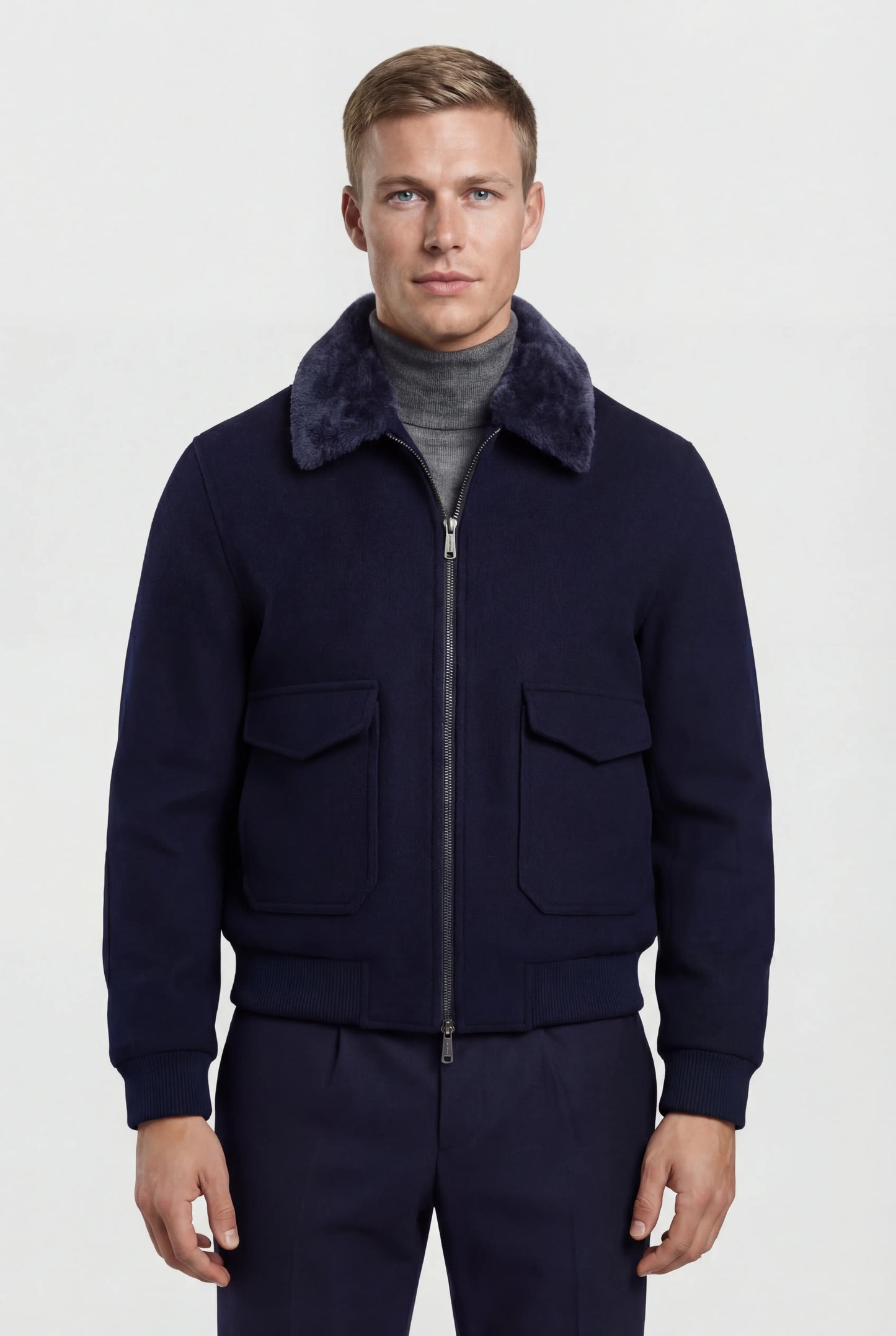 Men's Bomber Jacket - Navy - Premium Textile Fiber - Soft Collar & Zipper