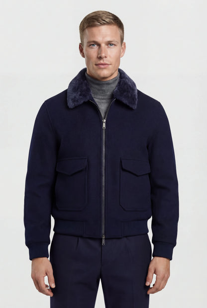 Mens Premium Navy Polyester Bomber Jacket