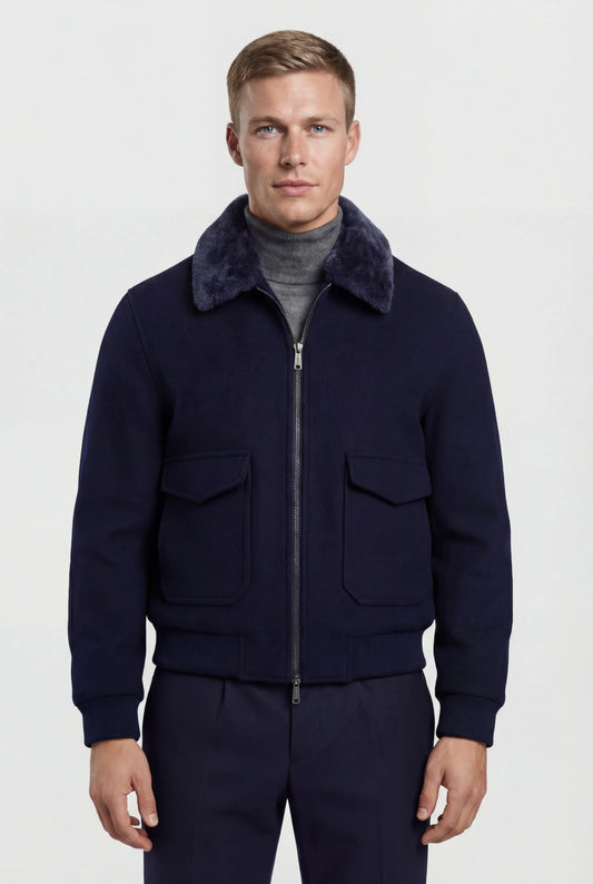 Men's Bomber Jacket - Navy - Premium Textile Fiber - Soft Collar & Zipper