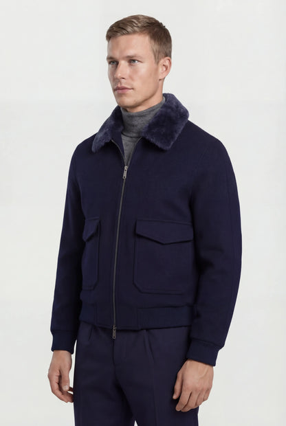 Mens Premium Navy Polyester Bomber Jacket