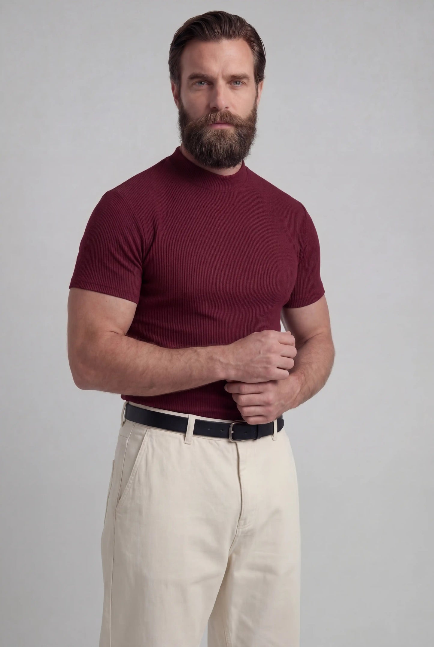 Ribbed T-Shirt for Men - Bordeaux - Knit - Mock Neck Slim Fit