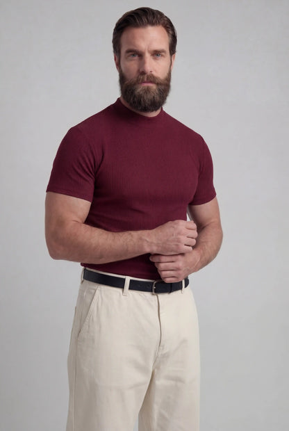 Mens Mock Neck Bordeaux Knit Tee