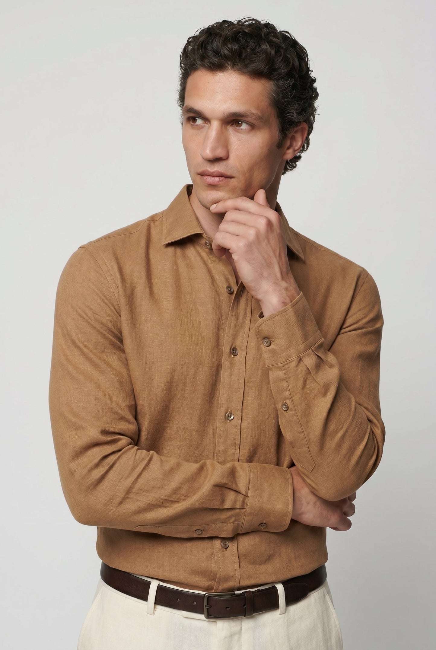 Men's Linen Shirt - Camel Brown Regular Fit Linen Shirt in 100% Linen
