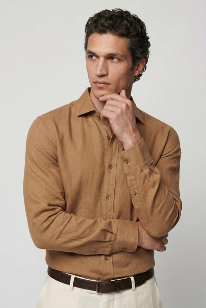 Mens Regular Fit Camel Linen Shirt