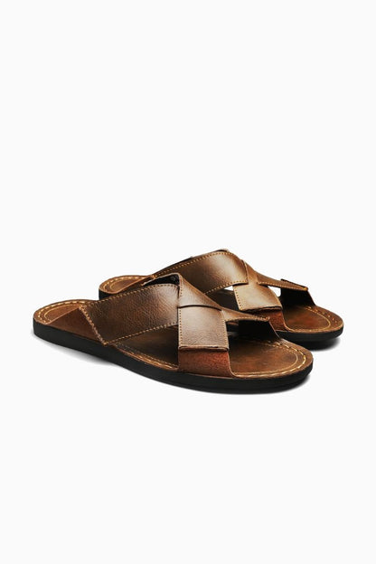 Mens Cross Strap Brown Leather Sandals