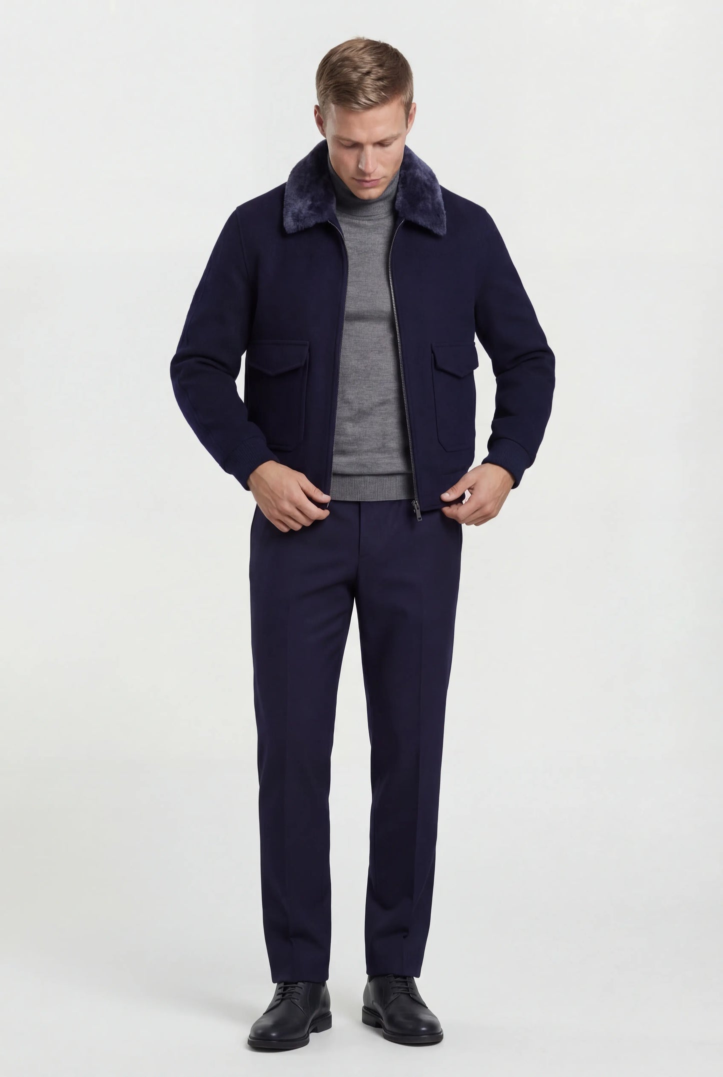 Men's Bomber Jacket - Navy - Premium Textile Fiber - Soft Collar & Zipper