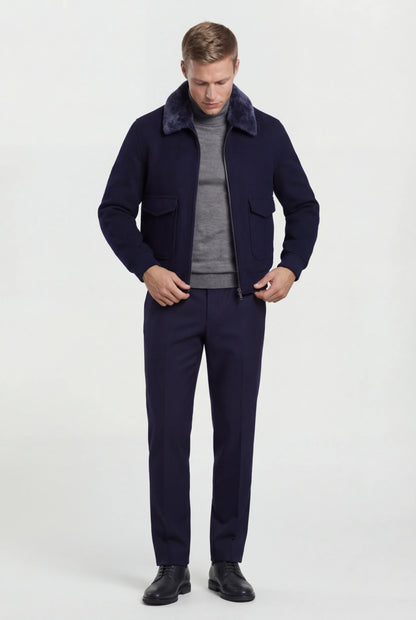 Mens Premium Navy Polyester Bomber Jacket