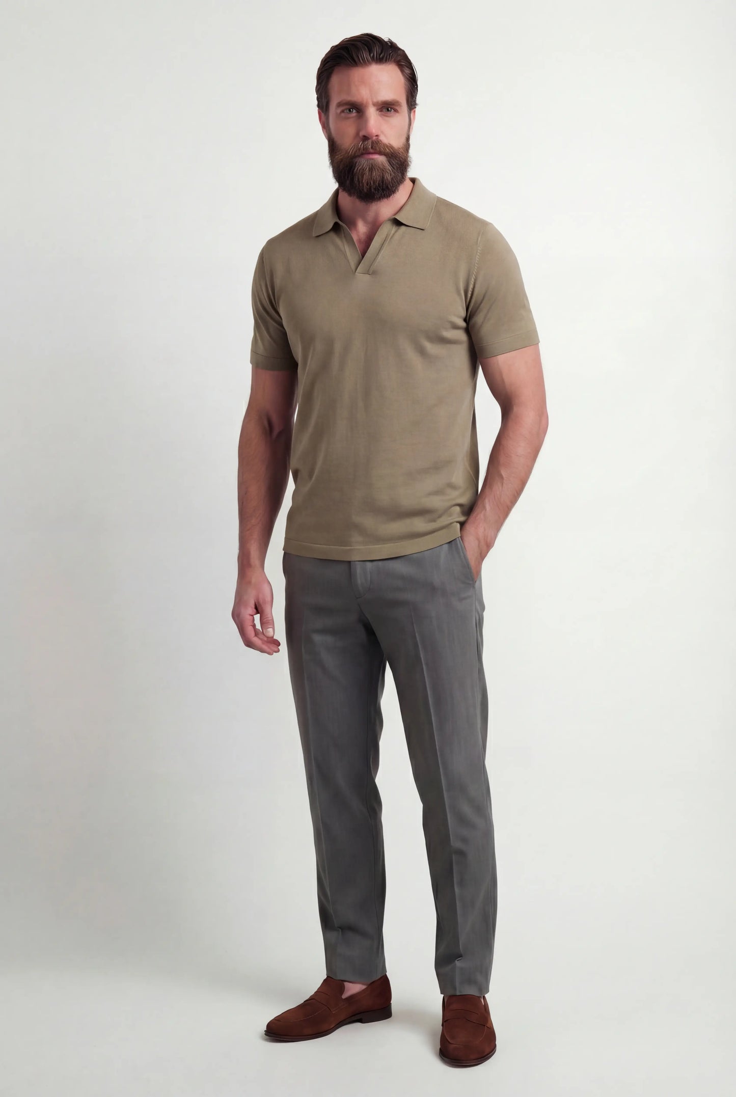 Men's Knitted Polo Shirt in Taupe Cotton - Slim Fit, Soft & Breathable for Everyday Wear
