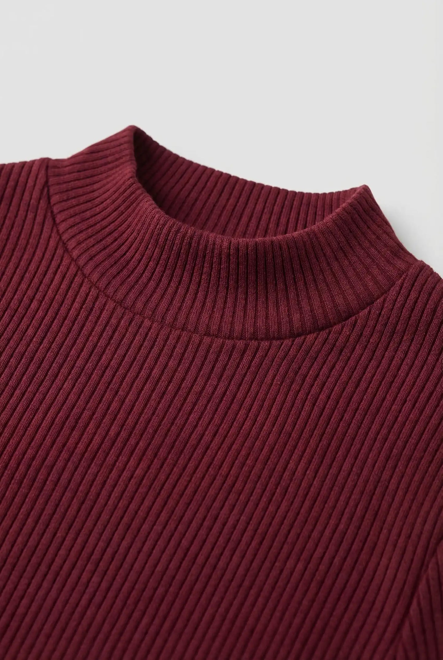 Ribbed T-Shirt for Men - Bordeaux - Knit - Mock Neck Slim Fit