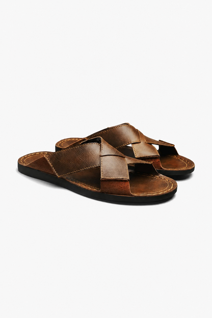 Mens Cross Strap Brown Leather Sandals