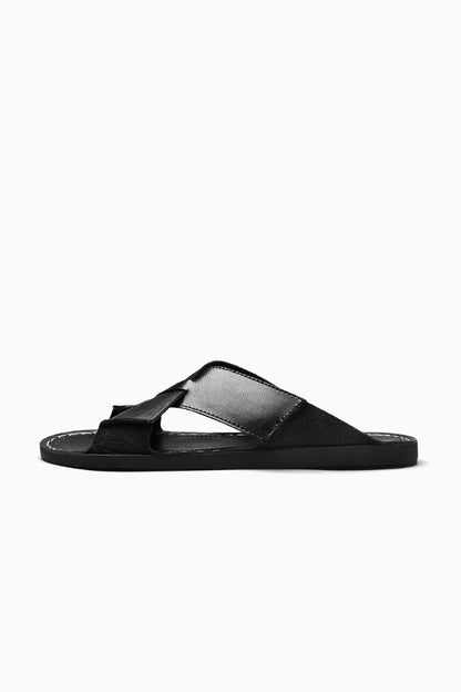 Mens Cross Strap Black Leather Sandals