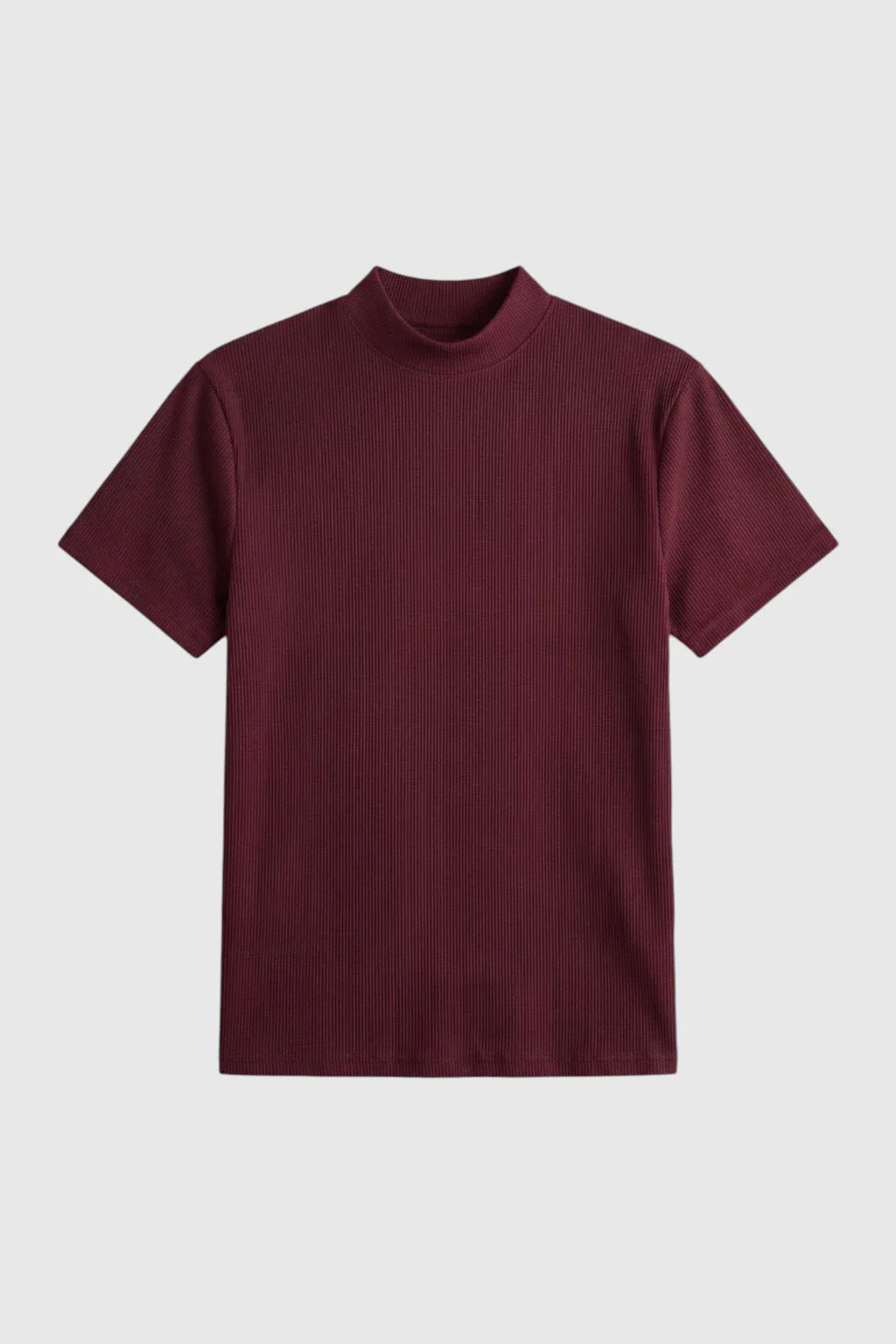 Ribbed T-Shirt for Men - Bordeaux - Knit - Mock Neck Slim Fit