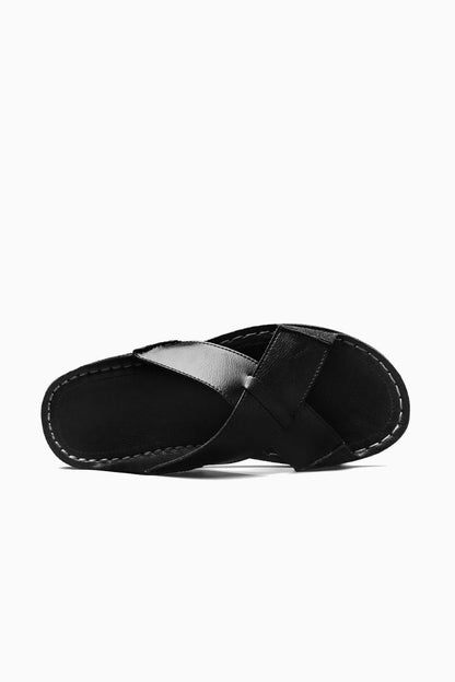 Mens Cross Strap Black Leather Sandals