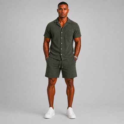 Men's Ribbed Co-ord Set with Shirt and Shorts – Summer Style