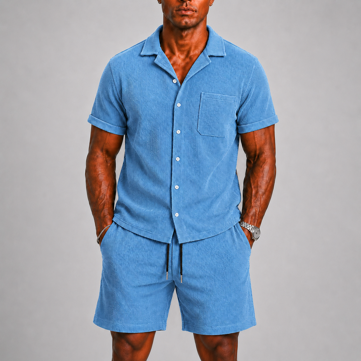 Men's Ribbed Co-ord Set with Shirt and Shorts – Summer Style