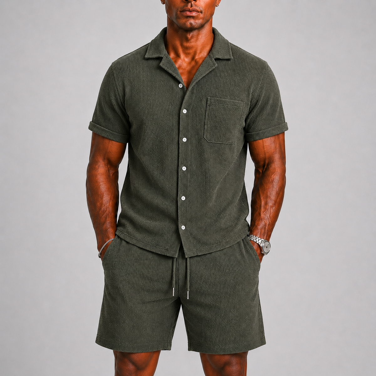 Men's Ribbed Co-ord Set with Shirt and Shorts – Summer Style