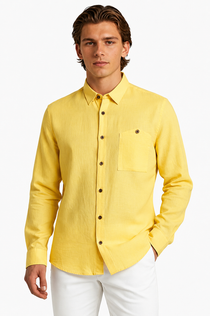Mens Regular Fit Light Yellow Linen Shirt