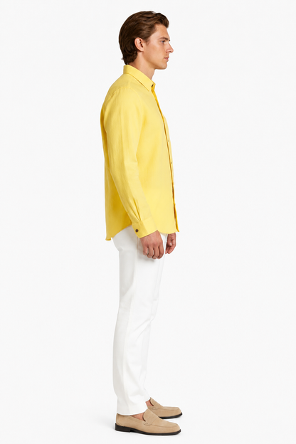 Mens Regular Fit Light Yellow Linen Shirt