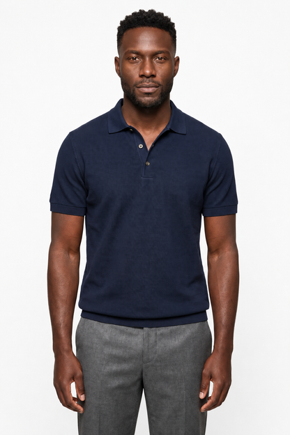 Mens Premium Navy Blue Linen Polo