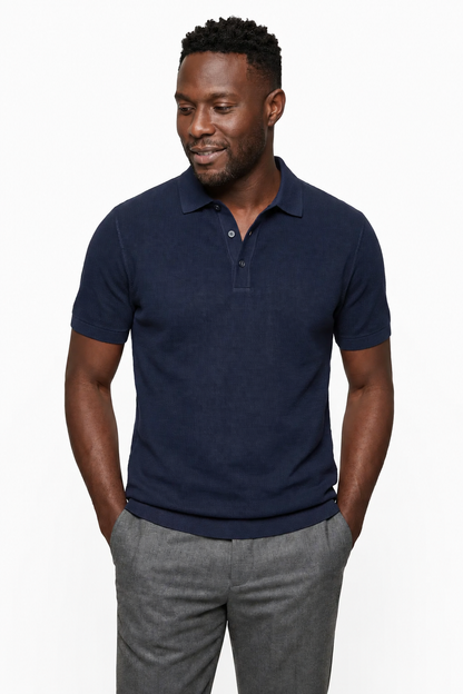 Mens Premium Navy Blue Linen Polo