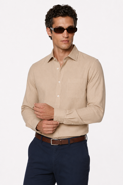 Mens Regular Fit Sand Linen Shirt
