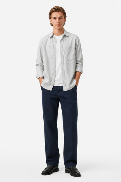 Mens Loose Fit Navy Blue Wool Chinos