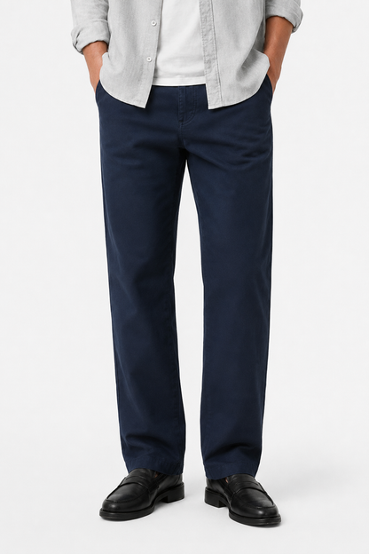 Mens Loose Fit Navy Blue Wool Chinos