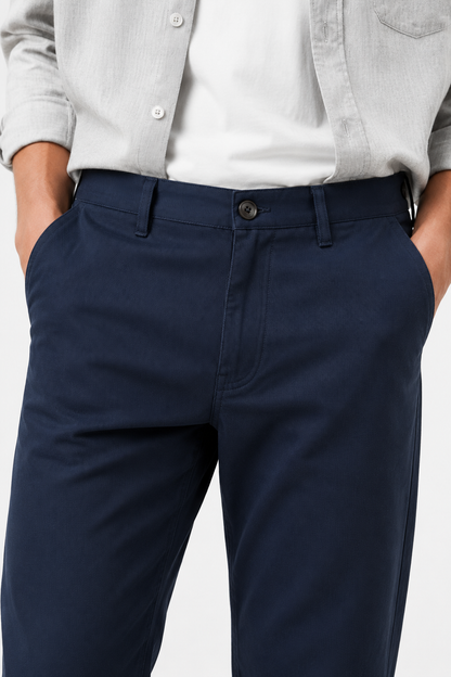 Mens Loose Fit Navy Blue Wool Chinos
