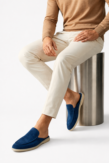 Mens Navy Blue Suede Mule Loafers