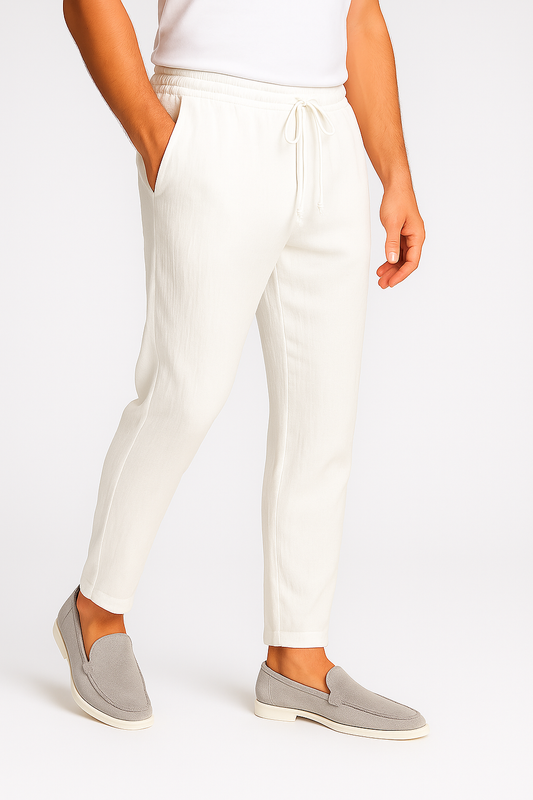 Men's Pants - White - Premium Textile Fiber - Regular Fit with Drawstring