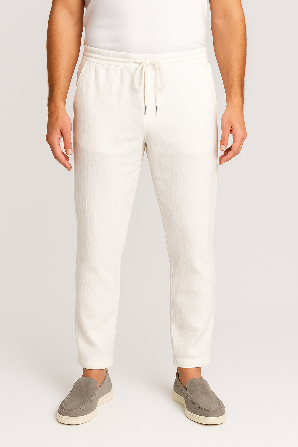 Men's Pants - White - Premium Textile Fiber - Regular Fit with Drawstring