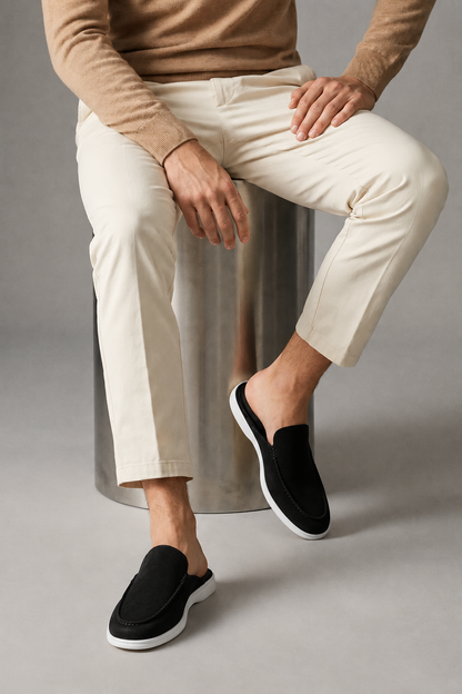 Mens Slip On Black Linen Mule Loafers