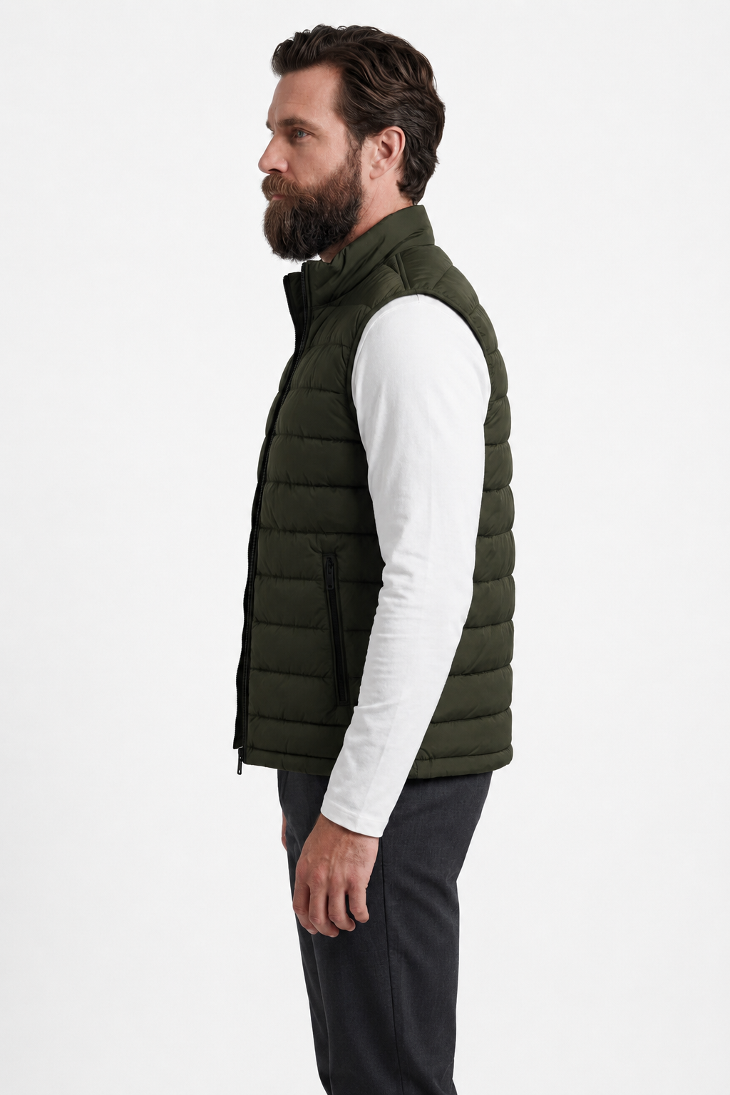 Men's Down Vest – Army Green Lightweight Puffer Vest with Zipper. Warm for Everyday Use.