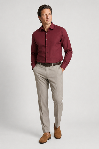 Mens Regular Fit Bordeaux Linen Blend Shirt