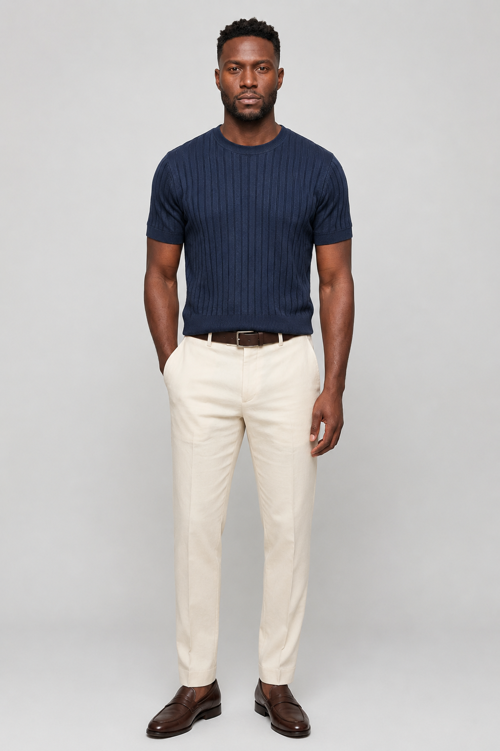 Ribbed T-Shirt for Men - Navy Slim Fit Cotton