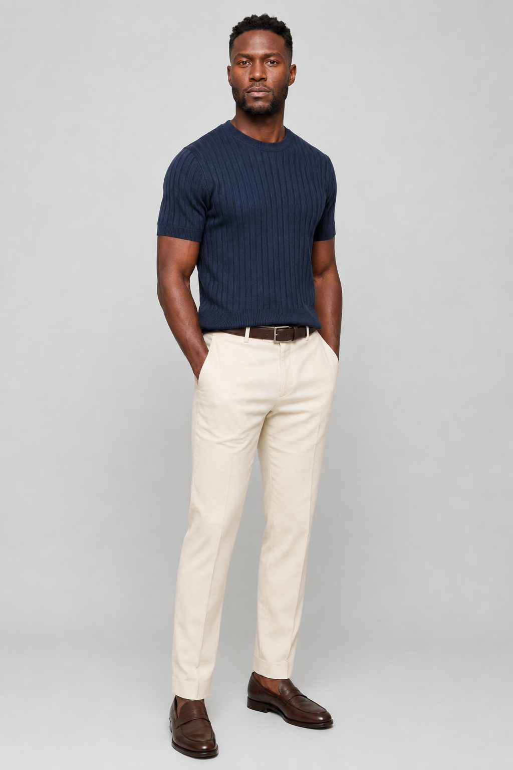 Ribbed T-Shirt for Men - Navy Slim Fit Cotton