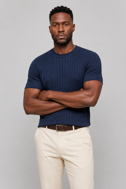 Mens Mock Neck Navy Cotton Tee