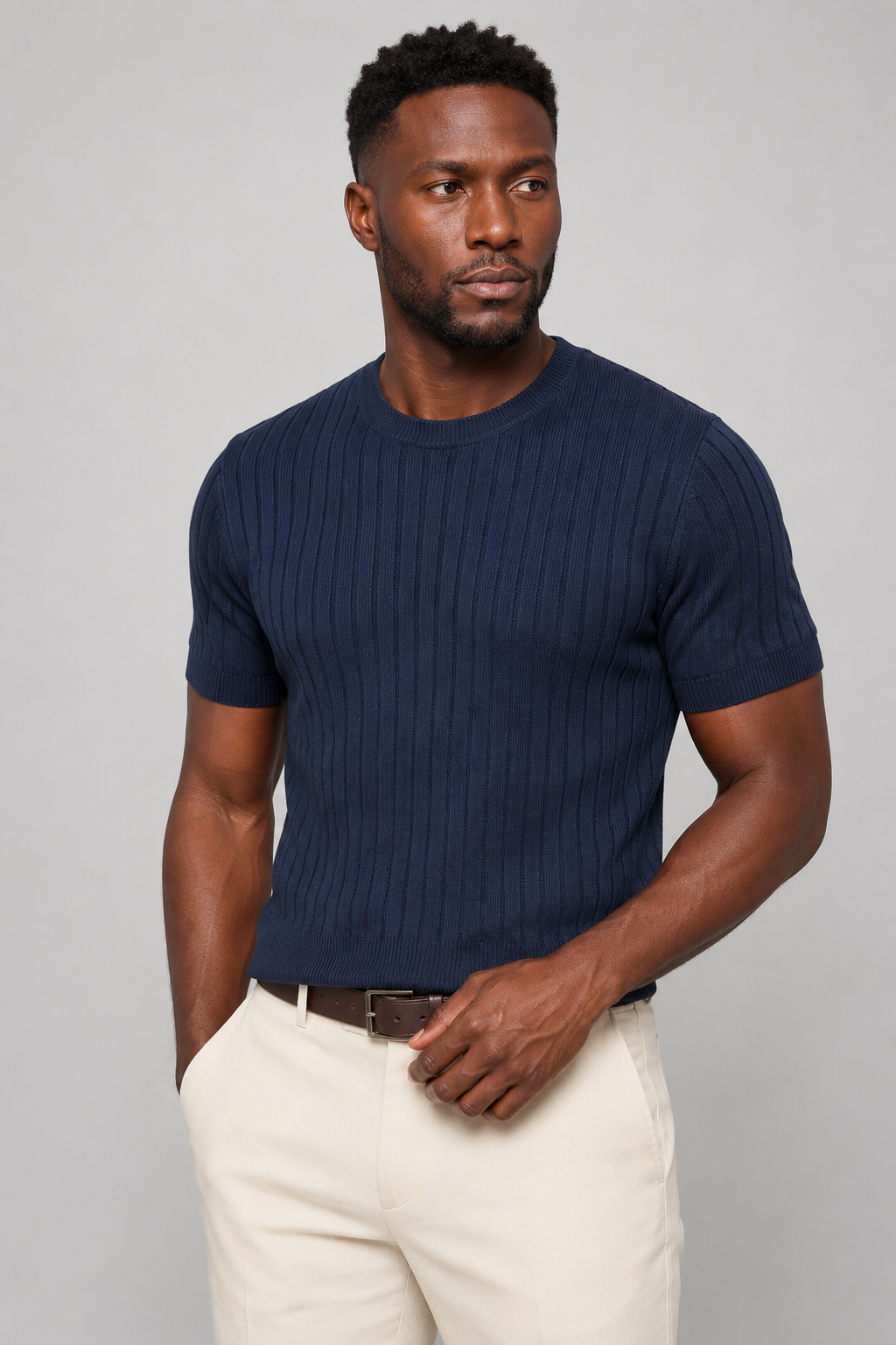 Ribbed T-Shirt for Men - Navy Slim Fit Cotton