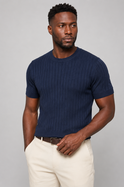 Mens Mock Neck Navy Cotton Tee