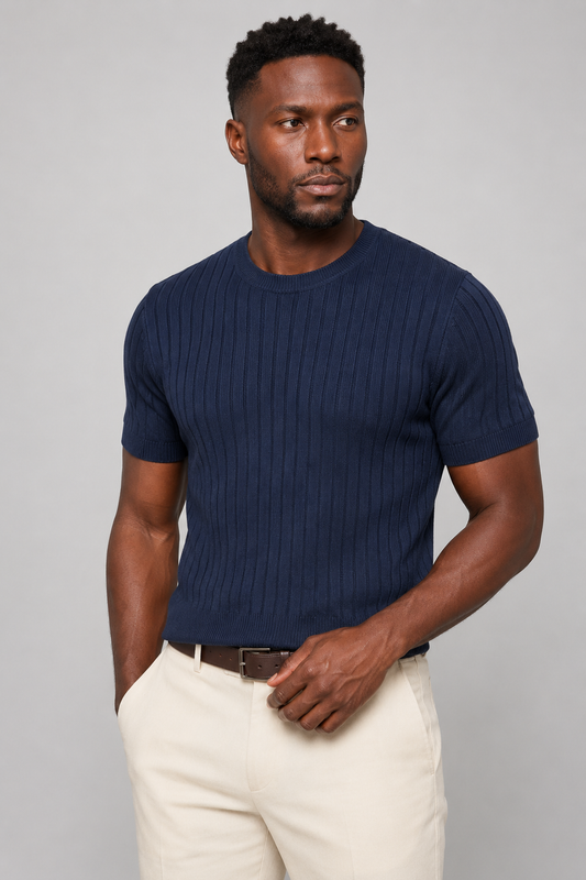 Ribbed T-Shirt for Men - Navy Slim Fit Cotton