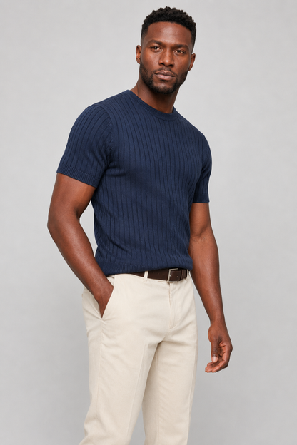Mens Mock Neck Navy Cotton Tee