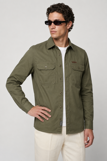 Mens Regular Fit Olive Linen Overshirt