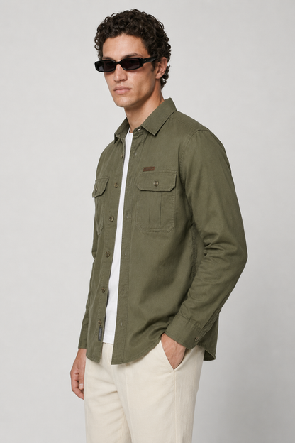 Mens Regular Fit Olive Linen Overshirt