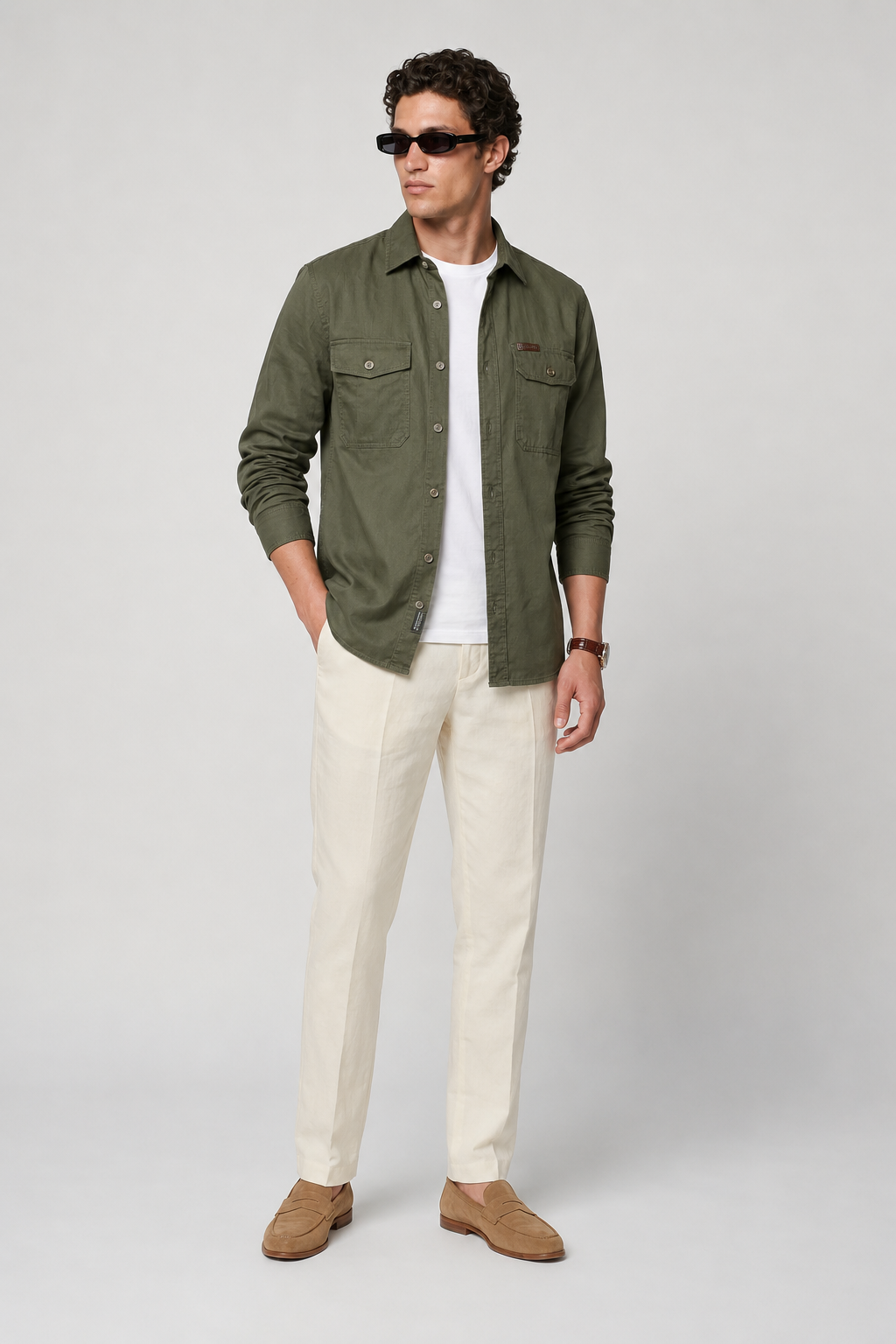 Overshirt Jacket for Men in Linen - Olive Green Regular Fit